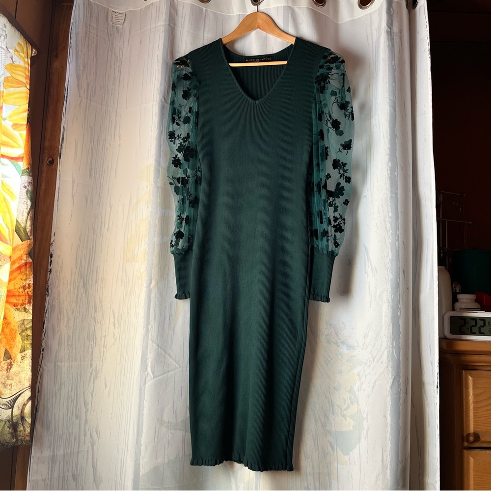 🎉HP🎉 Almost Famous Green Sweater Dress Organza Long Sleeve with Black Flowers